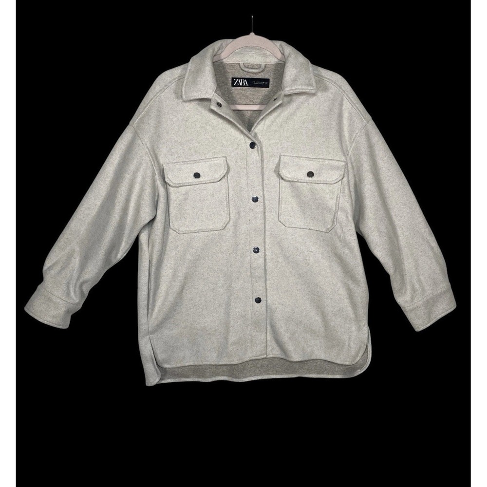 ZARA Oversized Shacket M Oatmeal Heather Gray Snap Button Jacket Cozy‎ Scandi